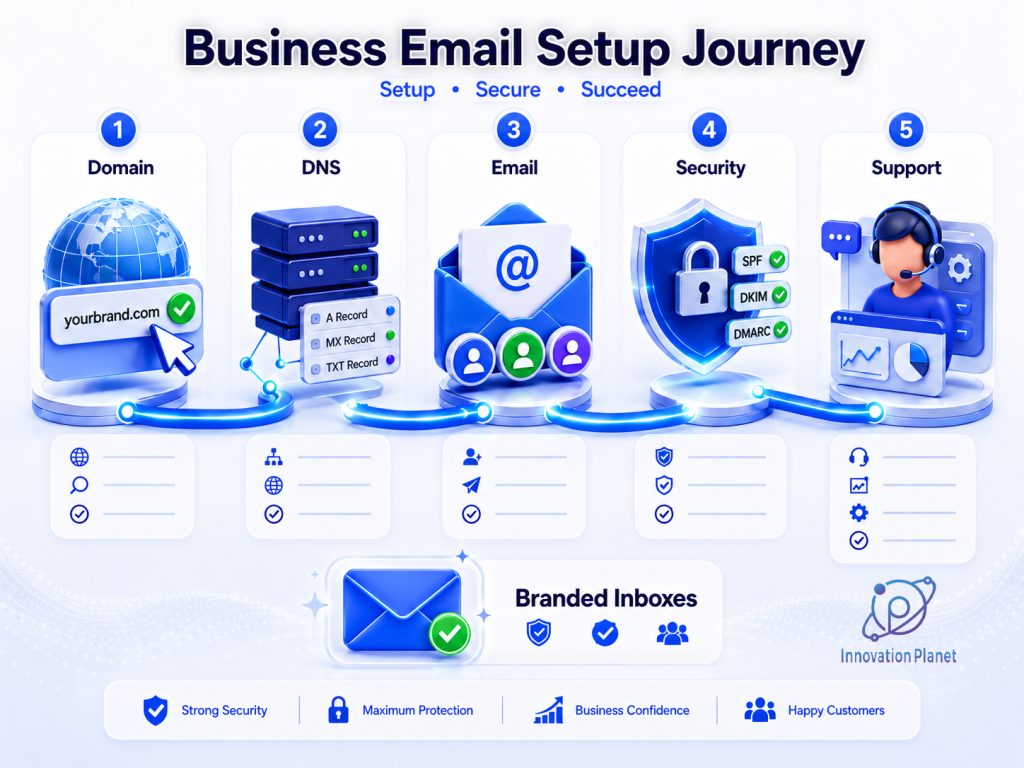 Business email setup process from domain connection to secure email deployment
