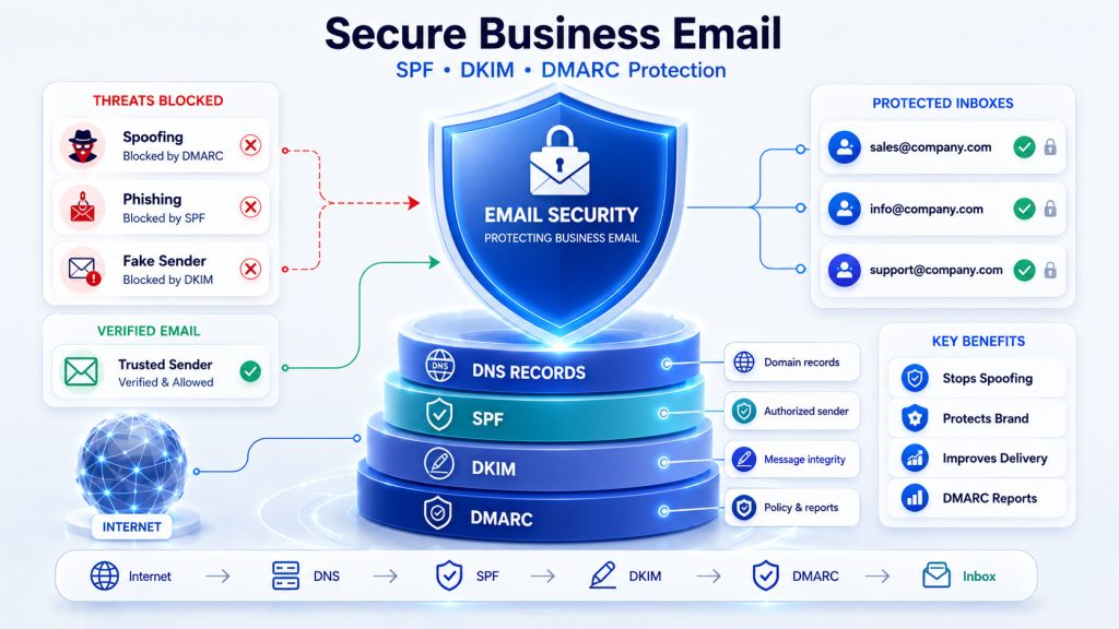 Secure business email setup with SPF DKIM and DMARC protection