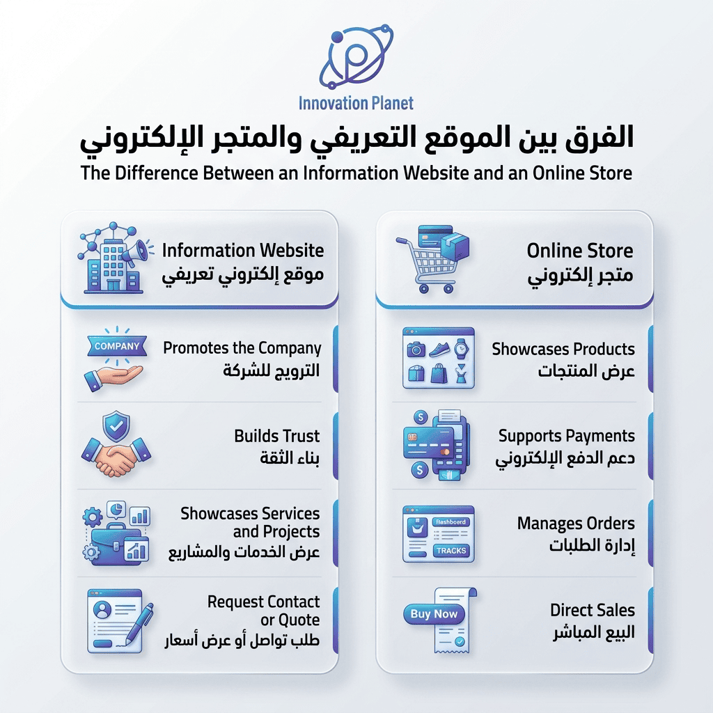 الفرق بين الموقع التعريفي والمتجر الإلكتروني Innovation Planet